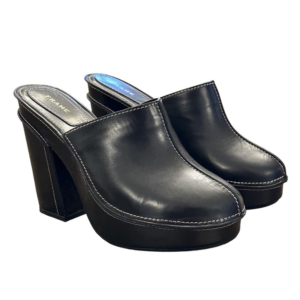 FRAME Elio Black Leather Clogs Platform Heels Mules Size 38 - Picture 4 of 8